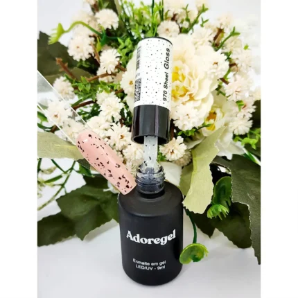 Top Coat com Flakes Preto - Fundo Transparente - Adoregel