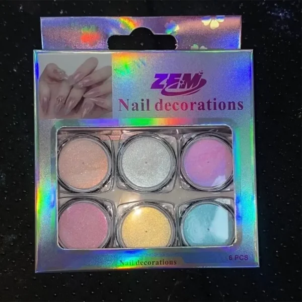 Kit Com 6 Pó Sereia Aurora e Asa de Borboleta Encapsulada Para Unhas Zem Nail Art
